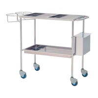 Behandlungswagen aus Edelstahl: Drei Tabletts, Abfallbehälter und Gasflaschenhalterung